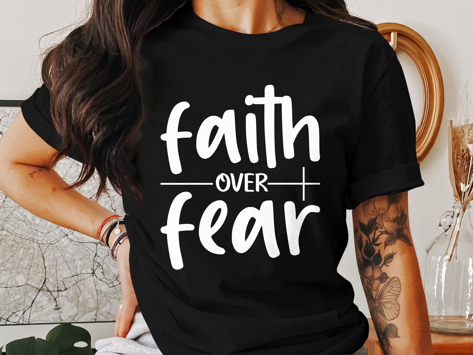 Faith Over Fear T-Shirts, Christian Tee, Religious Gift, Jesus Apparel, Holy Cross Shirt, God Inspired, Faith T-shirts 2XL