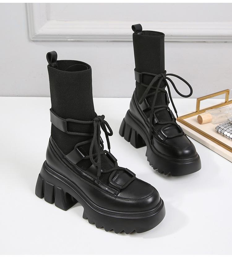 

Вязаные шнурованные сапоги для верховой езды женские на высоком каблуке эластичные сапоги-носки обувь на платформе на толстой подошве до середины икры botas mujer больших размеров 34-43 4.5 чёрный