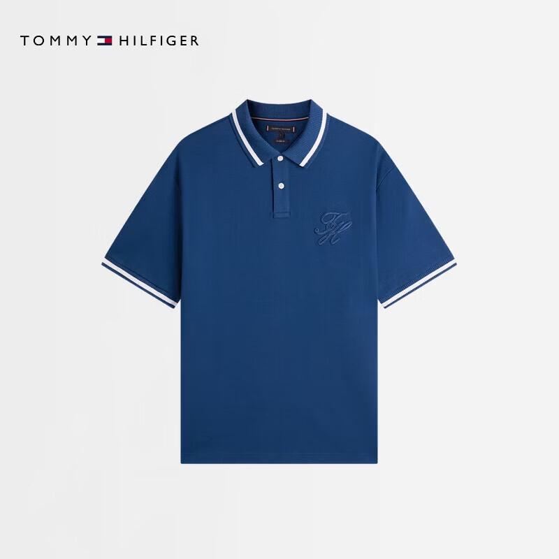 Tommy Hilfiger Men's Textured Cotton Embroidered Loose Fit Short Sleeve Polo T-shirt
