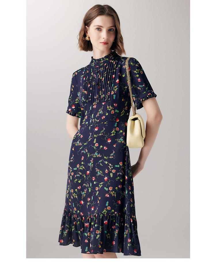Age reducing Vine Print: Spring/Summer Mulberry Silk Micro Elastic Back Zipper Slimming Short Sleeve Dress