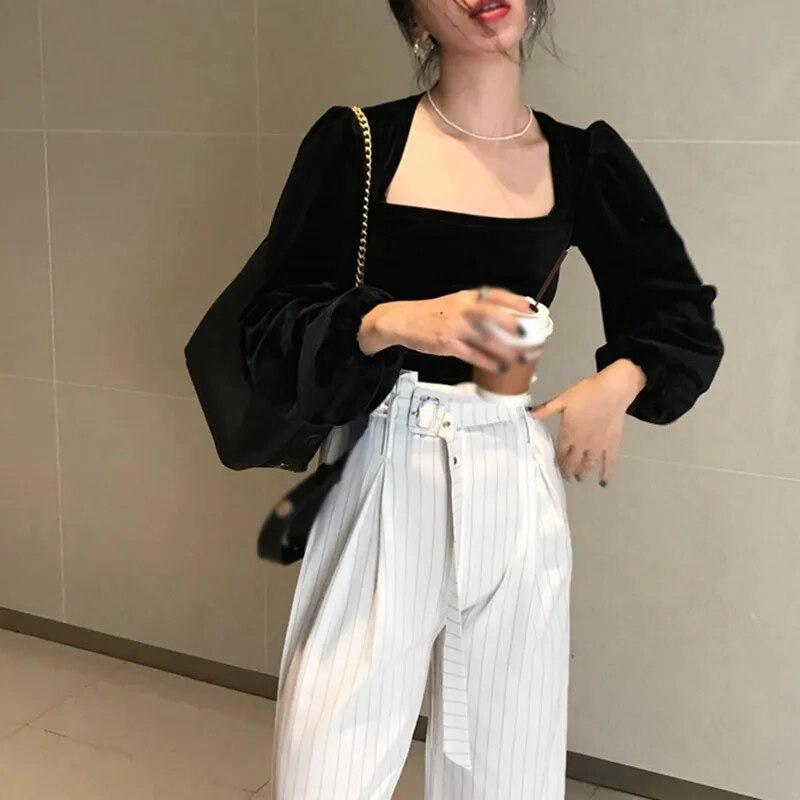 

Женский топ с квадратным вырезом, однотонные шикарные и элегантные облегающие осенние наряды, футболки с длинными рукавами и пышными рукавами, футболки XL