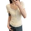 Korean version of the design sense of chic fake two-piece short-sleeved T-shirt for women's summer semi-open neck slim-fitting short top for women