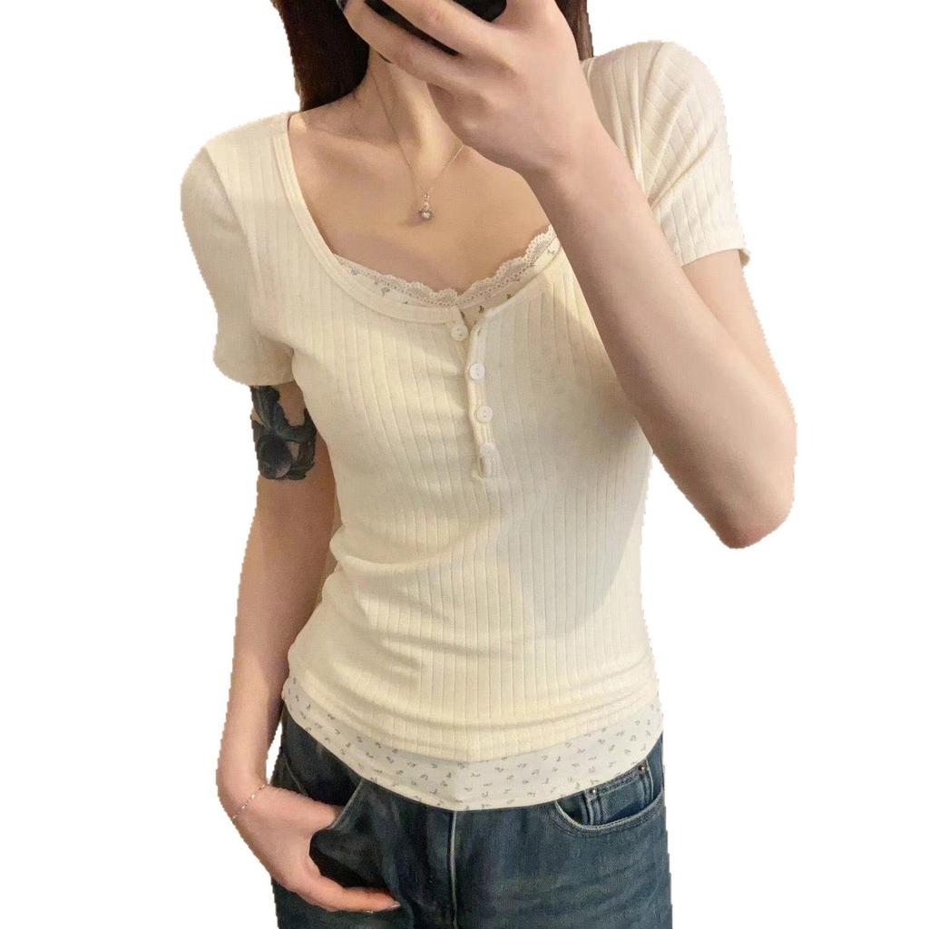 Korean version of the design sense of chic fake two-piece short-sleeved T-shirt for women's summer semi-open neck slim-fitting short top for women