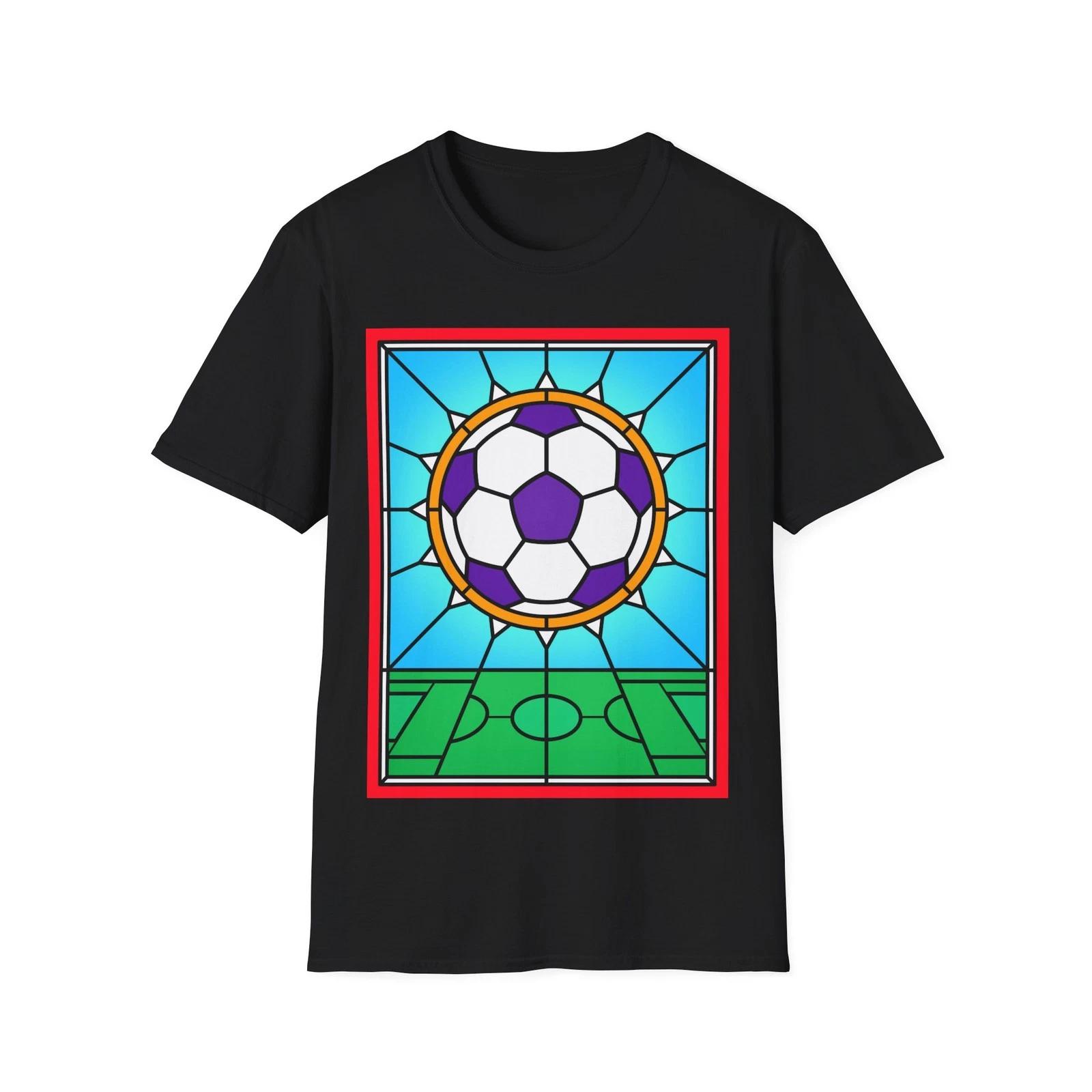 Stained Glass Football T-Shirt, Soccer Fan Graphic Tee, Funny Religious Art M