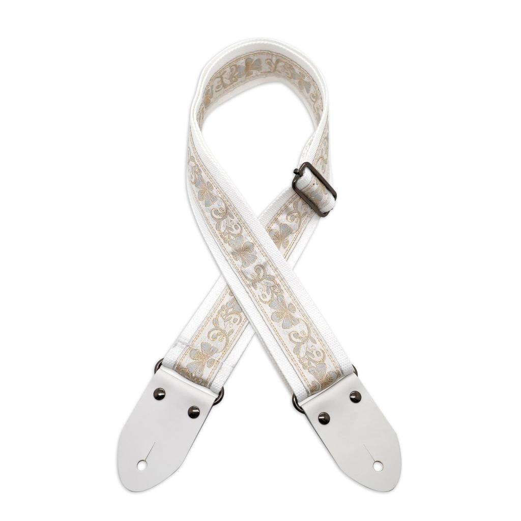 Rococo Embroidered White Cowhide Bass & Guitar Shoulder Strap