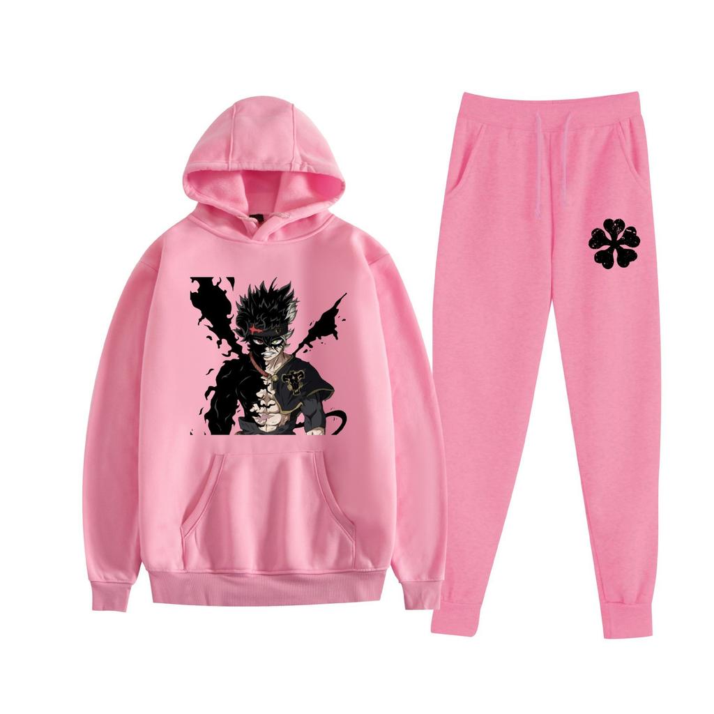 Europe, America, Autumn and Winter Black Four-leaf Clover Peripheral Two-dimensional Men's and Women's Leisure Sports Fleece Hooded Sweater Set 