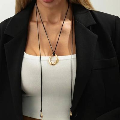 Salircon Vintage Irregular Geometric Hollow Round Pendant Necklace Women Adjustable Long Black Leather Rope Choker Charm Jewelry