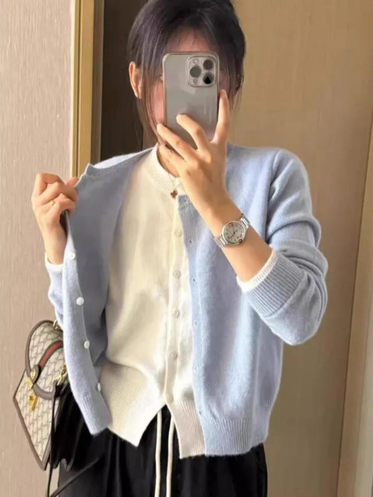 Korean Age-reducing Chic Contrasting Color Splicing Sweater Jacket Women's Autumn Lazy and Versatile Design Knitted Top Cardigan
