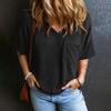 T-shirt da donna scollo a V manica corta T-shirt con finiture a taschino tinta unita casual top larghi abbigliamento quotidiano