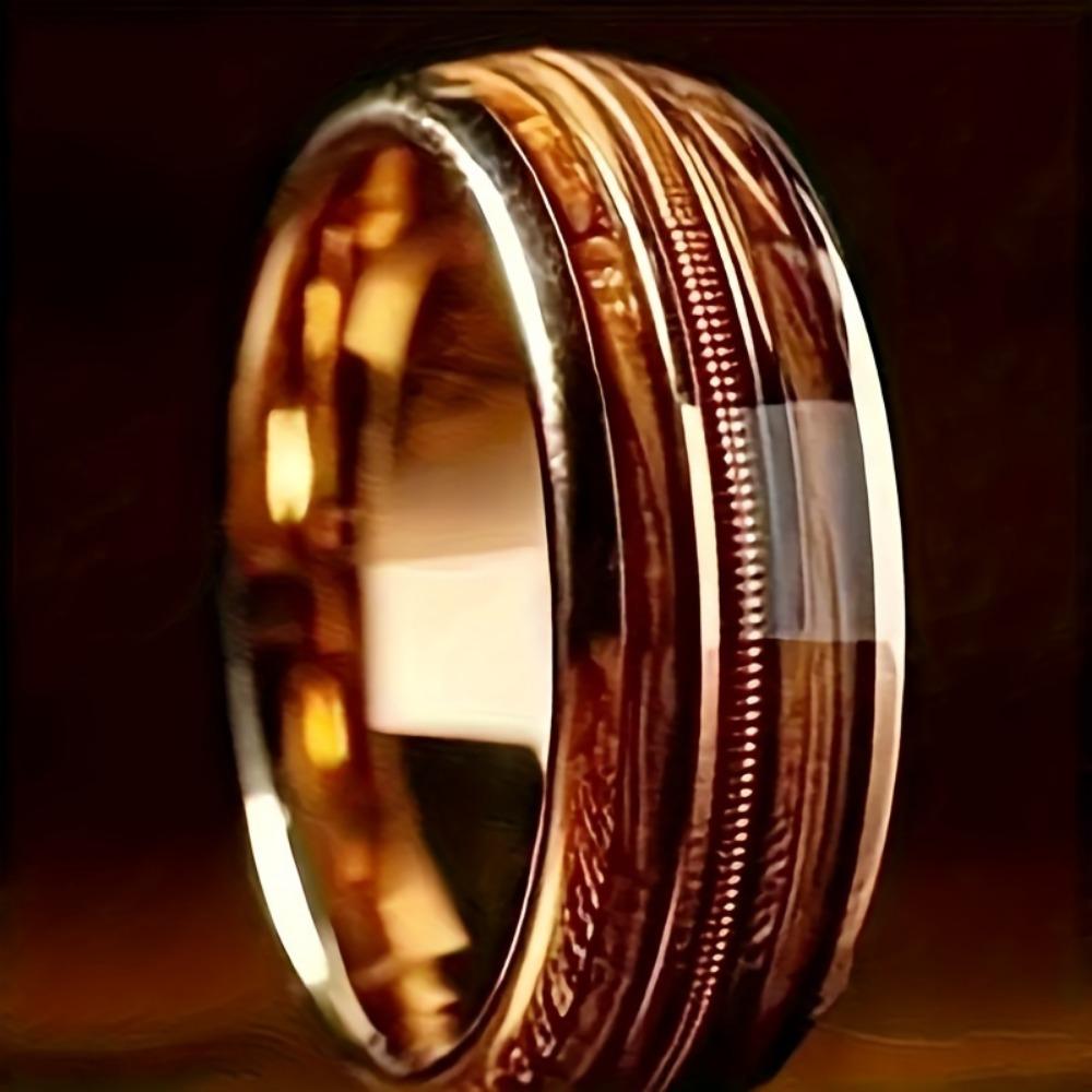Single Piece Retro Niche 8mm Stainless Steel Smooth Inlaid Guitar Wire Barrel Wood Ring Men's And Women's Ring