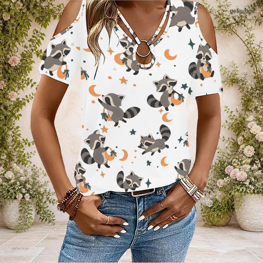 Women Plus Size Keyhole Ring Neck Cold Shoulder Short Sleeve Cartoon Bunny Print White T Shirt
