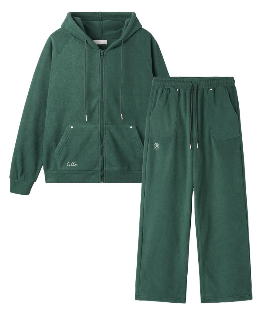 Bakken [Set] Back Lettering Fleece Zip-Up Hoodie & Wide Pants Set