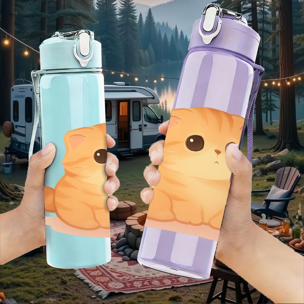 1PC Chubby Orange Kitten Bust 750ml Color Plastic Sports Water Bottle Leakproof Flip Straw Lid For Sports Office Home Use