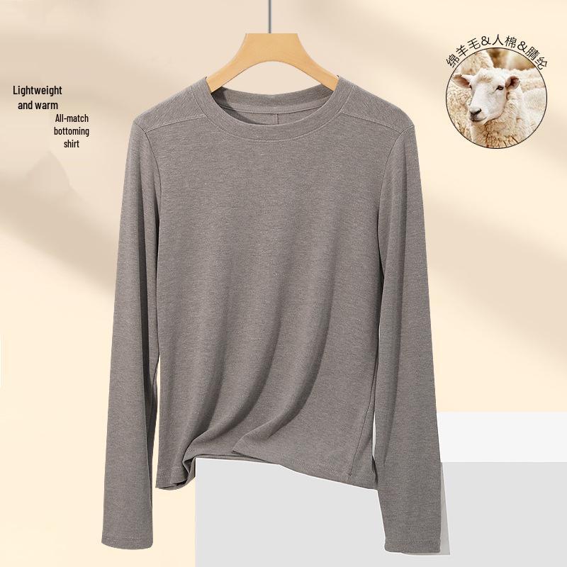 Women's Slimming Semi-High Neck Wool Base Layer T-Shirt - Long Sleeve, Spliced, Versatile Design for Autumn/Winter.