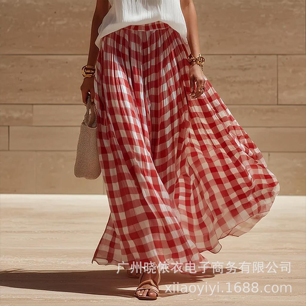 Women's High Waist Plaid Midi Skirt A-Line Flowy Layered Summer Skirt Multi Color