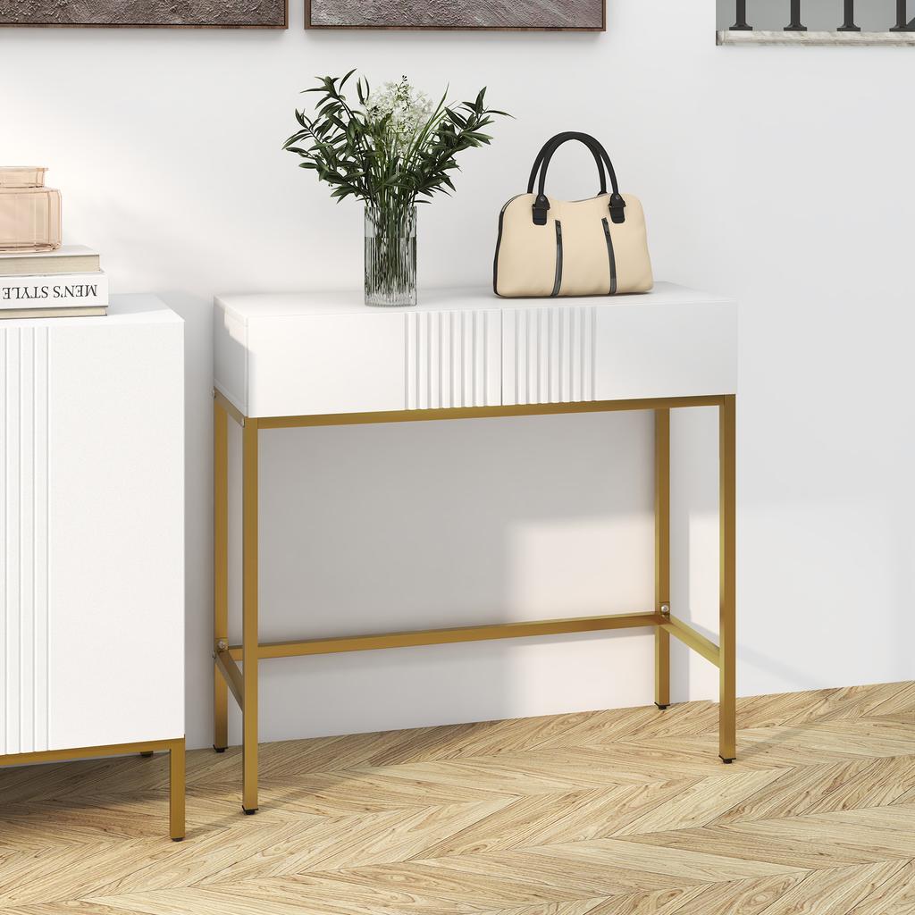 Mesa de Console Unidade de Console com 2 Gavetas Base de Aço com Pés Antiderrapantes 80 x 31,5 x 75 cm Branco