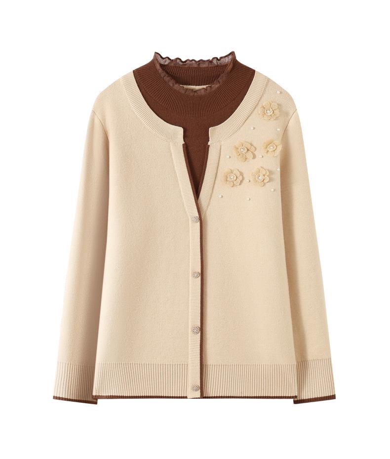 Mom's Stylish Winter Two-Piece Look Warm Base Layer Shirt for Middle-Aged & Elderly Women, Fleece-Lined Thickened Sweater