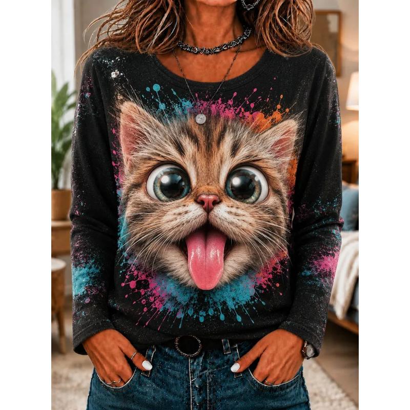 Fashion Women's Crew Neck Long Sleeve 3D Casual Color Printing Casual Long Sleeve Crew Neck T-Shirt