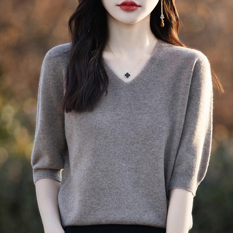 Women S Short Sleeve V Neck Solid Color Knit Pullover Top