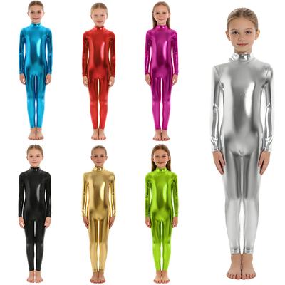 Unisex Kids Role Play Costume Metallic Jumpsuit, Full Length Dance Leotard with Long Sleeve Mock Neck for Halloween Party
