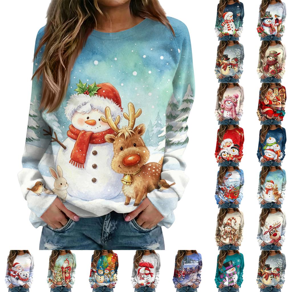 Women's Casual Neck Long Sleeve Raglan Christmas Print Pullover Sweatshirt