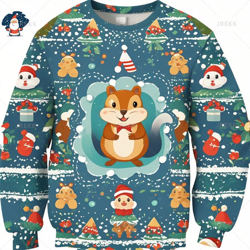 Funny Christmas 3D Printed Sweatshirts Cute Squirrels Graphic Ugly Christmas Sweater Christmas Jumpers Fashion Christmas Sweater