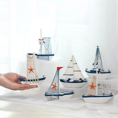 Wooden Blue Sailing Boat Decoration Mediterranean Style Marine Wooden Crafts To Decorate Ornaments Home Party Decorations