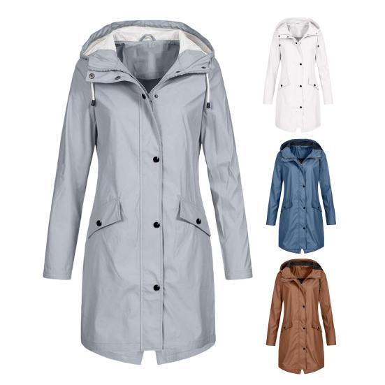 Women Autumn Winter Solid Color Rain Jacket Hooded Long Sleeve Buttons Zipper Placket Pockets Design Windproof Long Coat