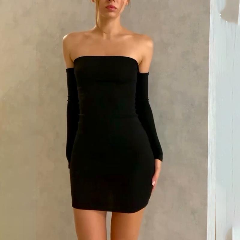 

2025 Summer Women’s Off-Shoulder Bodycon Dress – Long Sleeve, Solid Color, Waist-Hugging, Sexy & Elegant Fashion Large чёрный