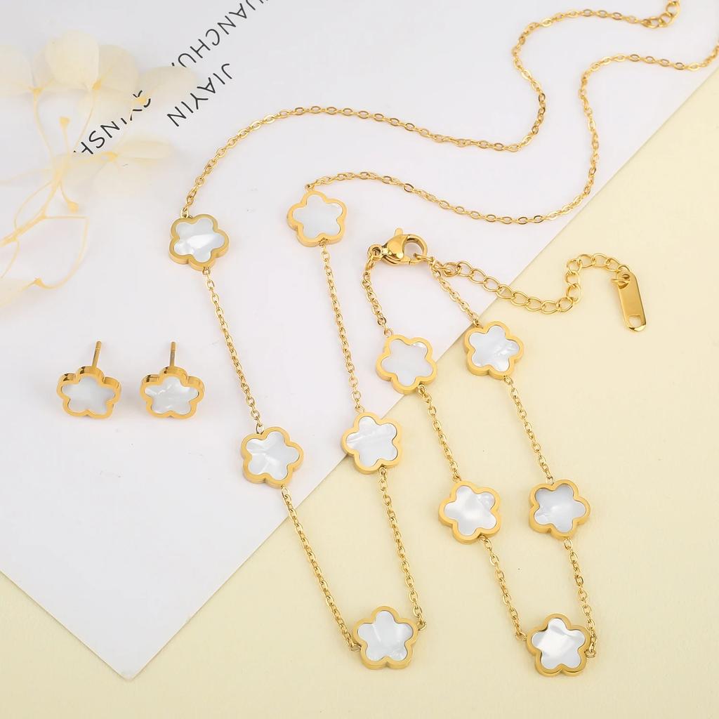 High-Quality Stainless Steel Five-Leaf Flower Set Bracelet Necklace Earrings Simple For Woman Party Birthday Zircon Gift Clover