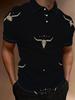 Printed Design – Not Textured Men's Short Sleeve POLO - Flat Digital Print Pattern - No Texture - Black Background with Bull Head and Star Pattern,