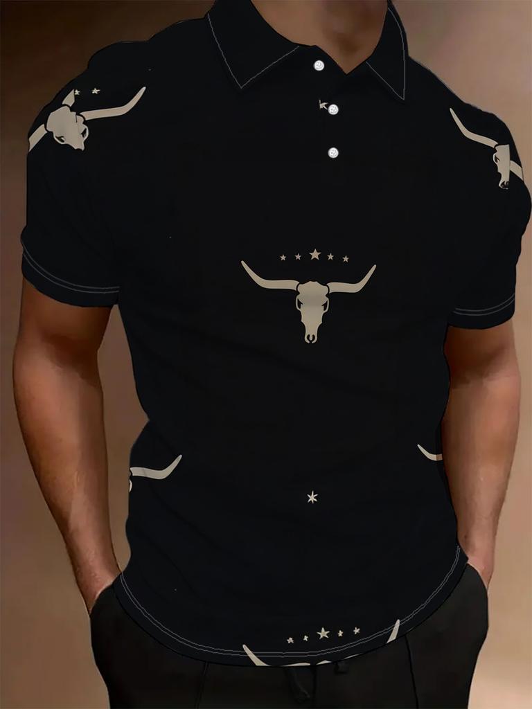 Printed Design – Not Textured Men's Short Sleeve POLO - Flat Digital Print Pattern - No Texture - Black Background with Bull Head and Star Pattern,