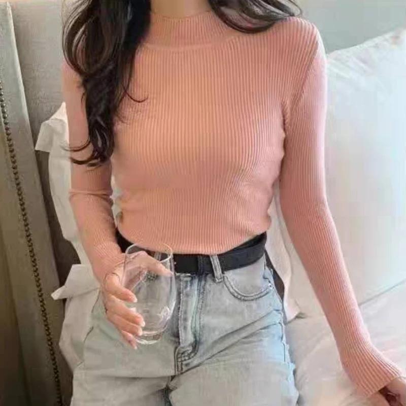 Suéteres de manga larga de otoño para mujer, suéteres de punto de cuello medio alto, prendas de punto casuales para mujer, tops de color sólido, ropa de invierno ajustada 27972