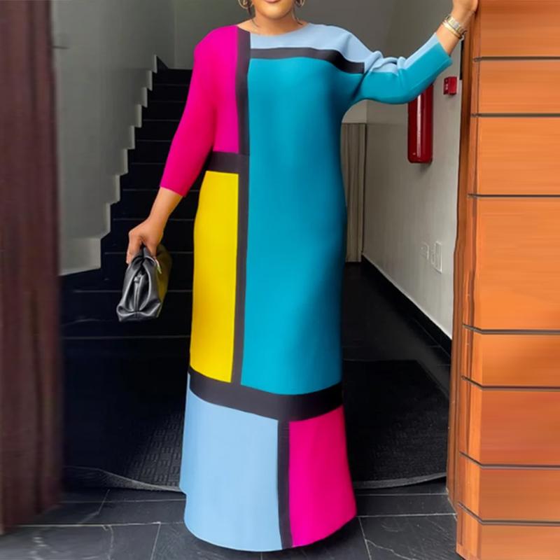 Women Big Size Round Neck Long Sleeve Color Block Dresses