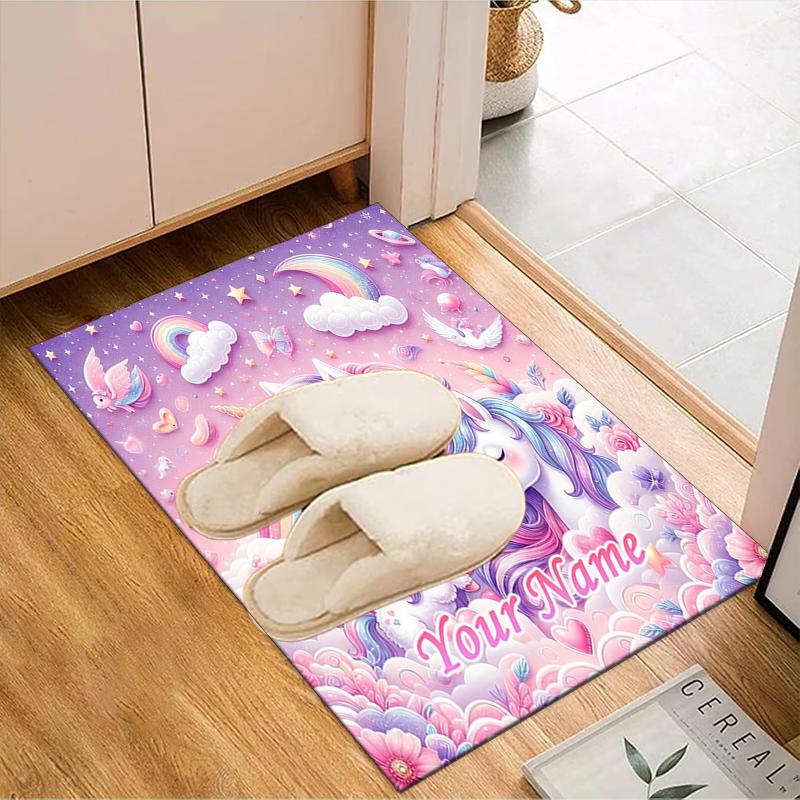 1PC Custom Name Unicorns Dreamy Garden Theme Floor Mat Ideal for Living Room, Game Rooms, Office, Bedroom, Floor Mat Playful Design