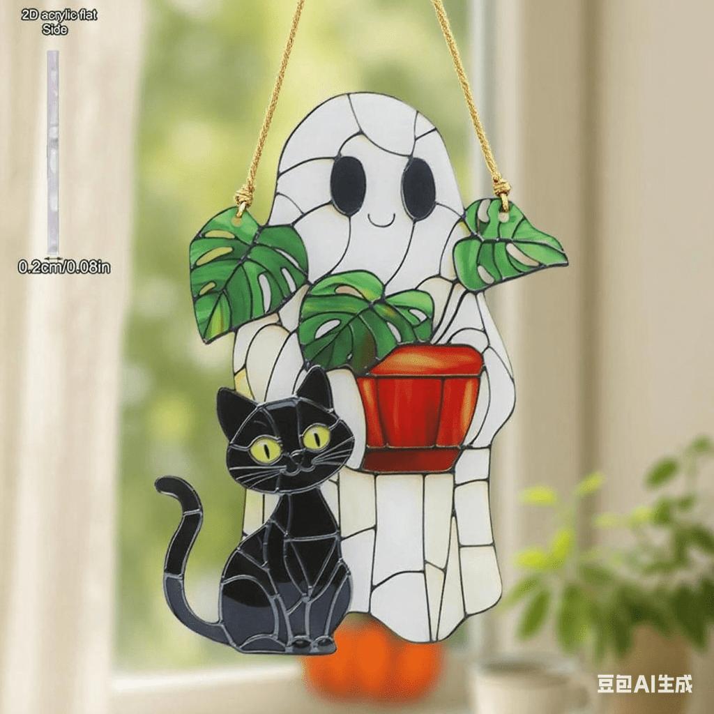 1pc Cute Halloween Ghost Hanging Decor Acrylic Black Cat & Potted Plant Decortive Sun Catchers Window Ornament, Four Seasons Decoration