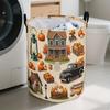 1pc, Stylish Retro Fall Truck Pumpkin Design Laundry Bin, Foldable Storage Basket with Handles for Blankets, Clothing, And Decorative Home Use In Bedr