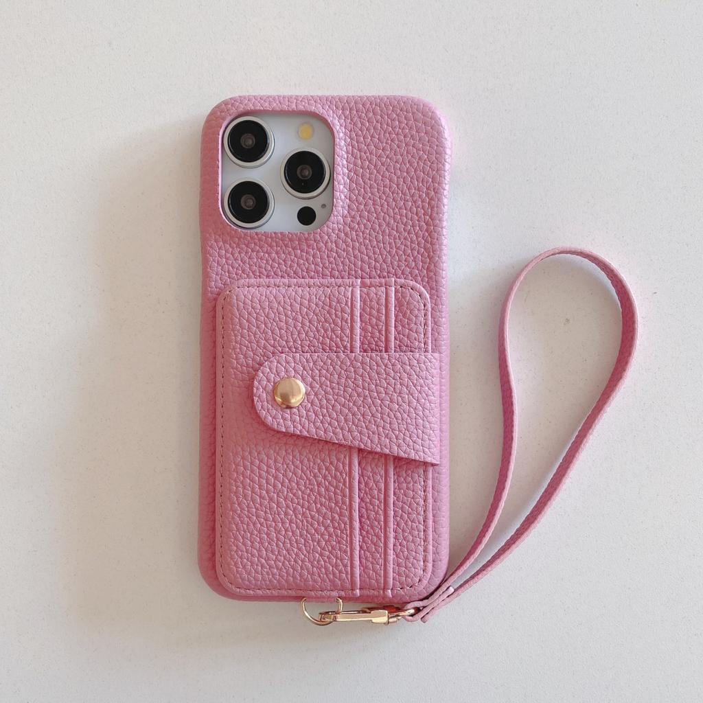 Rosa Handyhülle aus PU-Leder mit Litschi-Muster für iPhone 11 12 13 14 15 16e Pro Max mit stylischer Handschlaufe und Kartenhalter