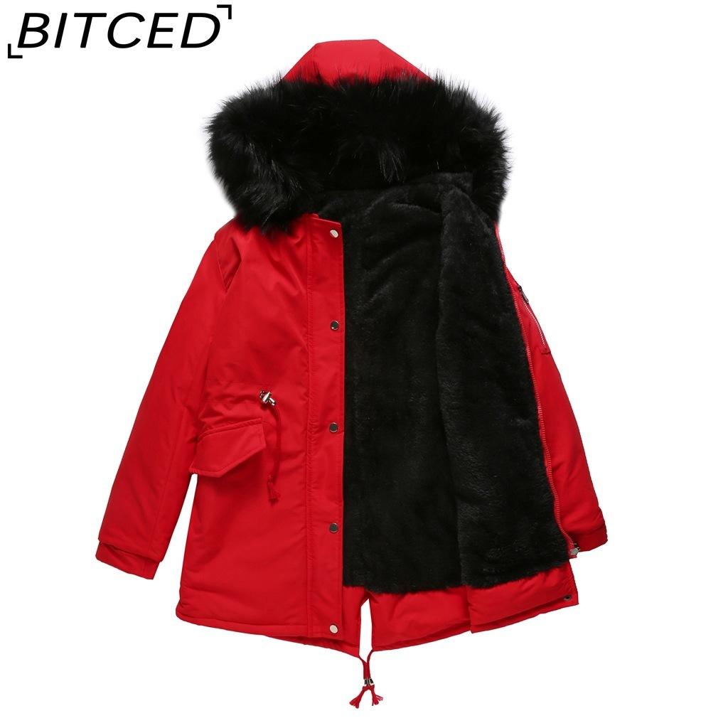 

BITCED Mid-Length Hooded Winter Coat with Fleece Lining and Quilted Cotton Padding S червоний