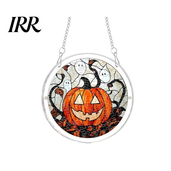 Acrylic Puzzle Art Halloween Scary Bat Pumpkin Jigsaw Suncatcher, Stained Glass Style Party Decoration Window Hanging Decor for Home,