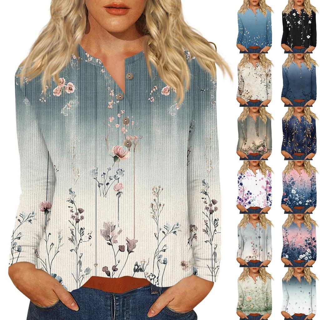 Women's T Shirt Tee Print Button Long Sleeve Daily Weekend Fashion Basic V- Neck Regular Top