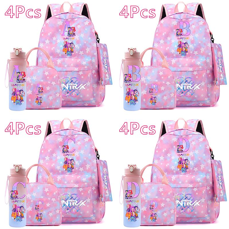 4 Pezzi/set Zaino Stampato con Lettere Inglesi Borsa Grande per Libri Borsa a Mano Custodia borsa con Portabottiglie Acqua da 750ml Zaino Scolastico Ragazzo Ragazza