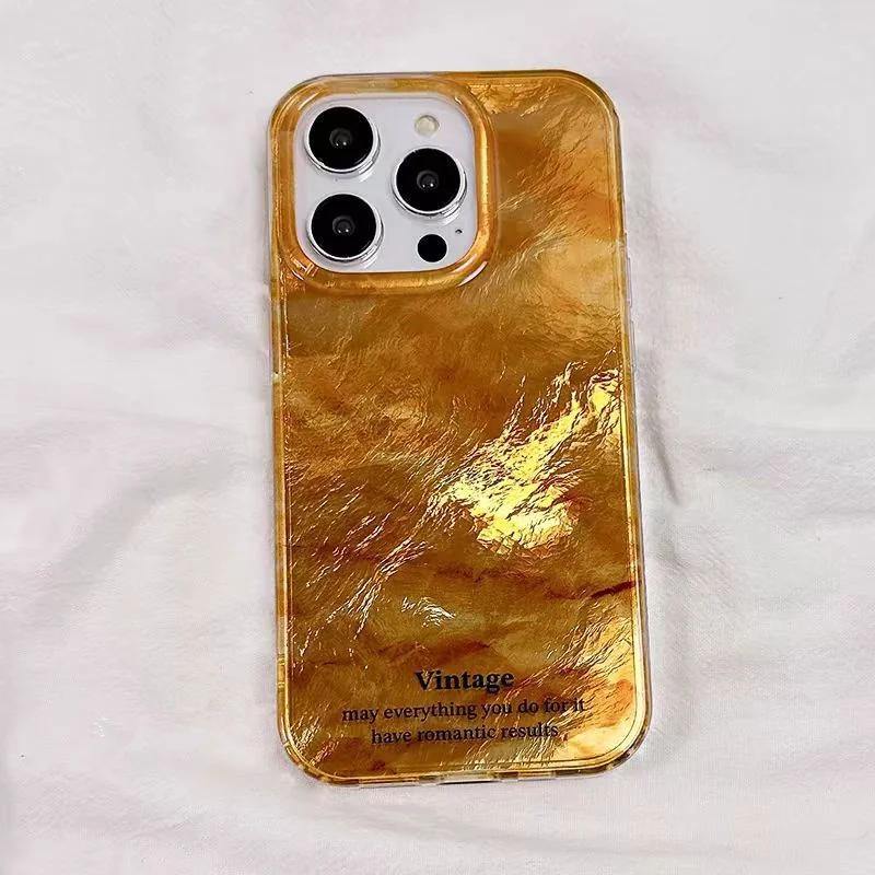 Golden Gradient Tinfoil Texture Phone Case for IPhone 16 14 15 11 12 13 Pro Max 7 8 Plus SE  XR X XS Couple Shockproof Cover