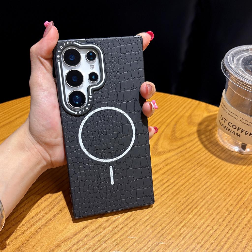Crocodile Grain Leather Shockproof Magnetic ForMagsafe Case Samsung S25 S24 S23 Plus Ultra Business Lens Protection Phone Cover