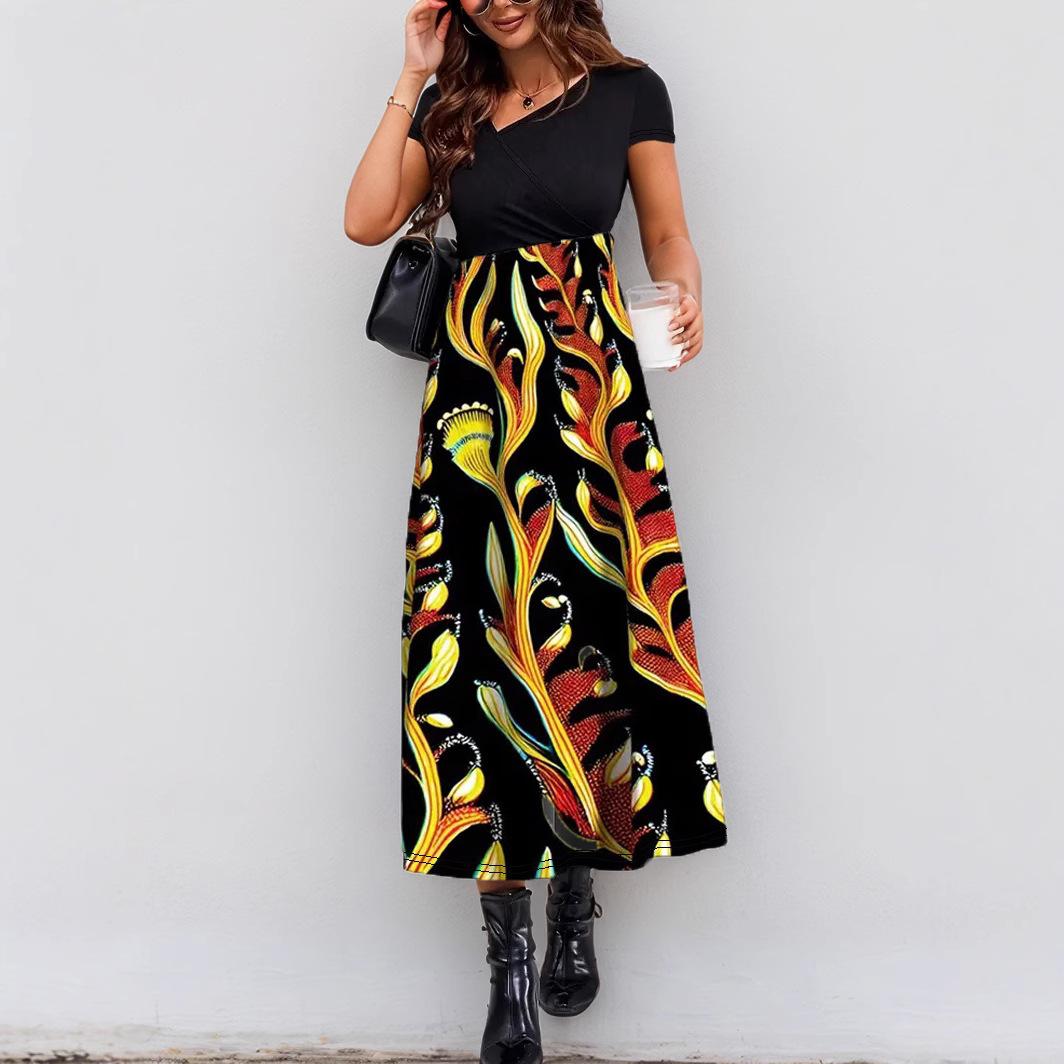 

Женский 3D цветочный принт Новое пэчворк повседневное платье с короткими рукавами и длинными рукавами Женское платье с принтом в виде V-образного выреза Свободные богемные ретро-платья 5XL золотой/жёлтый