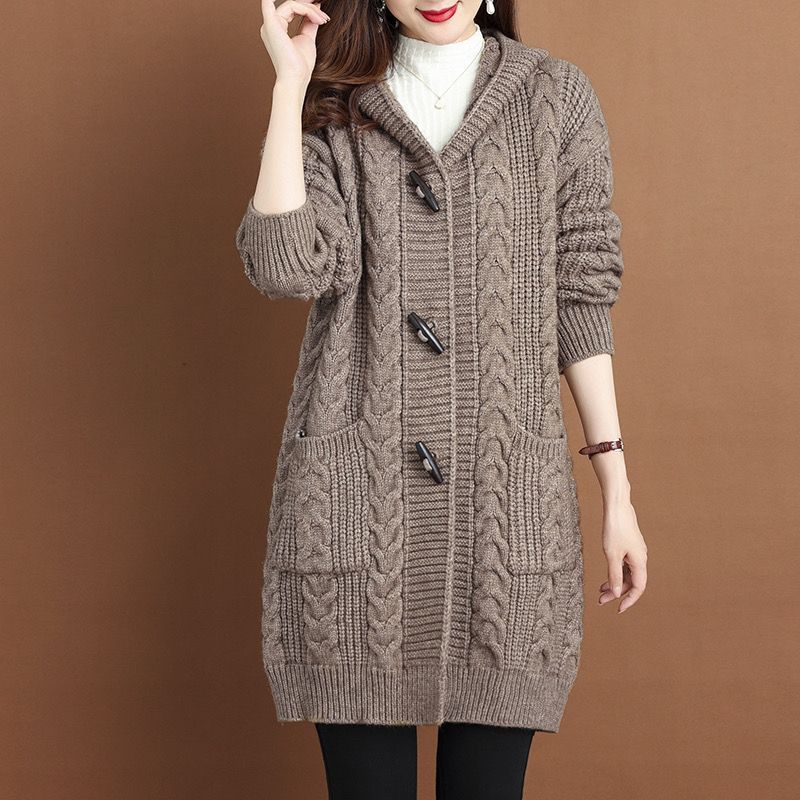 

Свитер вязаный кардиган женский осенне-зимний с капюшоном модная универсальная верхняя одежда толстая теплая куртка средней длины XS кофейный