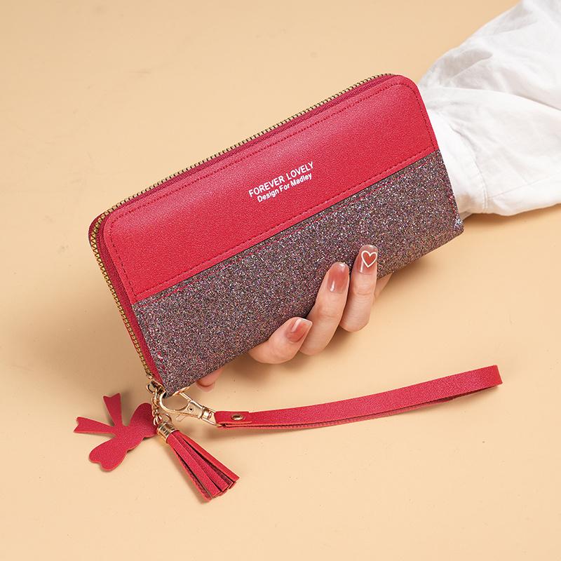 1pc Korean-Style Women'S Wallet with Tassel Wristlet Faux Leather, Zipper Closure, Key Compartment, Mobile Phone & Card Holder