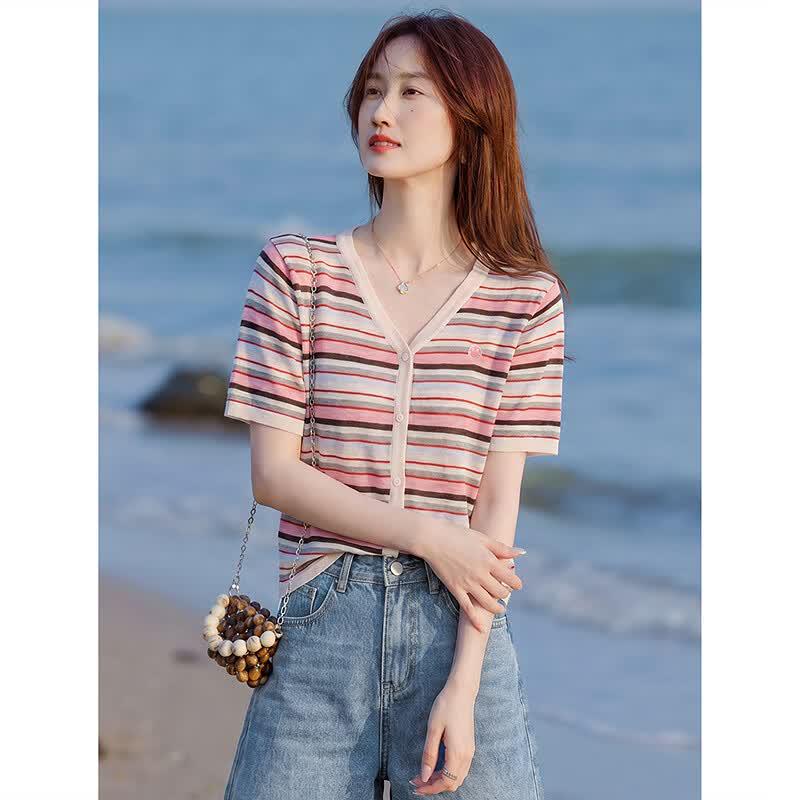Women's Striped Knit Short-Sleeve Cardigan