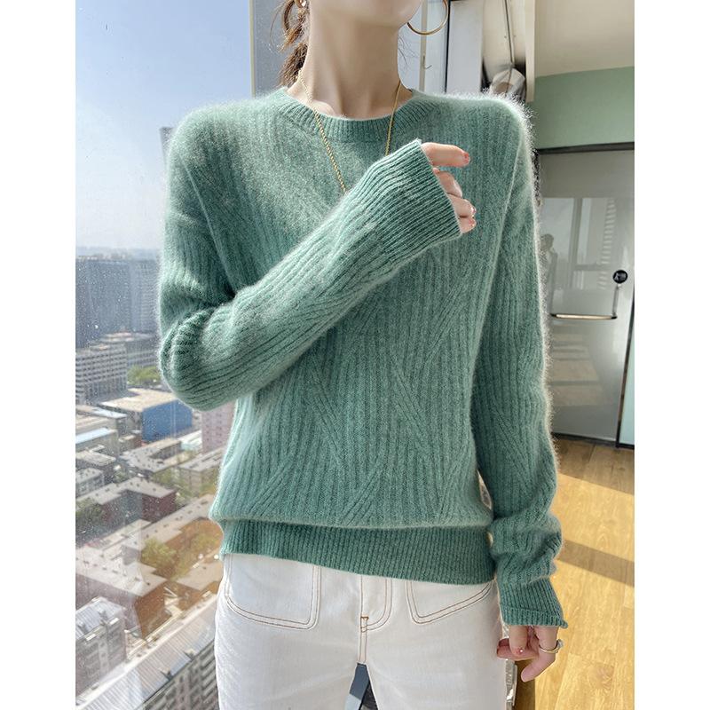 

Двухслойный утолщенный жаккардовый осенне-зимний новый женский свитер с круглым вырезом, вязаная базовая рубашка с термотопом внутри One Size