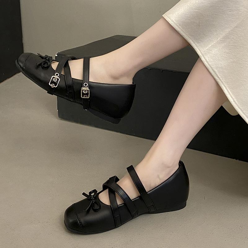 Francuskie buty damskie na koturnie w stylu retro z okrągłym noskiem, nowe na jesień 2025, baleriny Mary Jane w panterkę, buty damskie